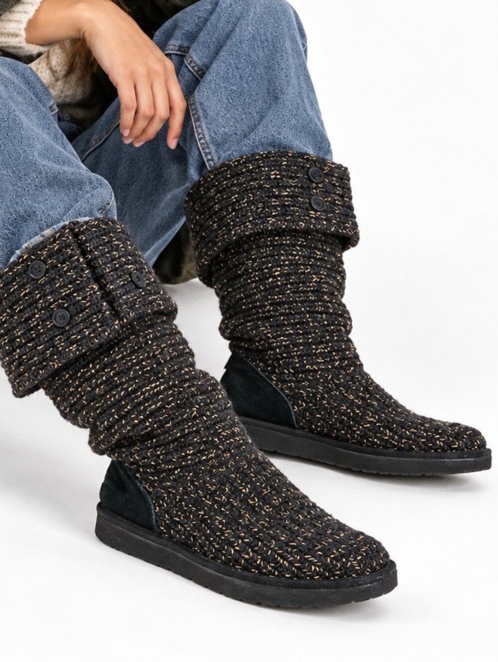 UGG Boots Cardy Knit Sweater Boot In Black Gold Metallic Thread